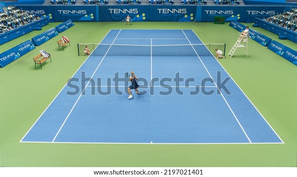 Sports TV\
Broadcast of Female Tennis Championship Match Full Set. Two\
Professional Women Athletes Compete, Hit Fault Shot. Network\
Channel Television With Audience\
Concept.