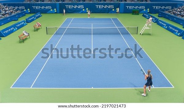 Sports TV Broadcast of Female Tennis Championship
Match Full Set. Two Professional Women Athletes Compete, Hit Fault
Shot. Network Channel Television Footage With Audience. High Angle
View.