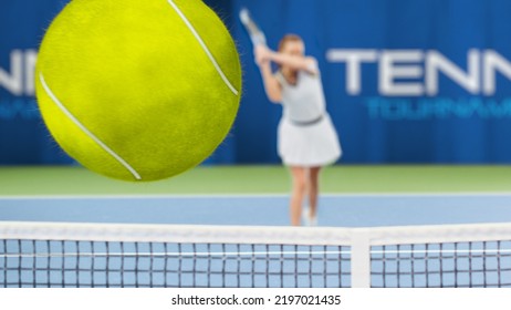 Sports TV Female Tennis Match On Championship With 3D Special Effect Ball. Female Tennis Player Hitting Ball With A Racquet, Ball Flying Into Screen. Network Television Channel. VFX Photo Edit.