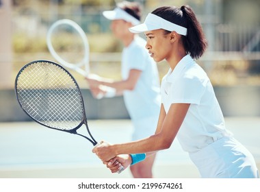 Sports Woman On Court, Tennis Match Together And Fitness Exercise. Training Practice, Teamwork Motivation And Strong Young Athlete. Game Of Mixed Double, Active Focus And Australia Competition