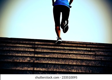 Sports Woman Running Up On Stone Stairs 