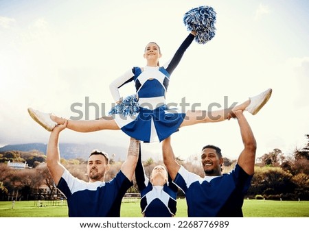 Sports woman, sky and cheerleader performance with smile and energy to celebrate outdoor. Cheerleading person dance with team support, motivation and hands for training, workout or competition