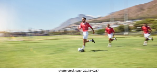 Sports, Youth Development And Soccer Players Running On Field With Ball For Game, Goals And Winning. Football, Teamwork And A Training Match On The Grass And Practice With Soccer Ball To Score Goal.