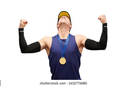 Sportsman Celebrating His Victory With A Medal In His Neck On A White Background. Olympic Concept