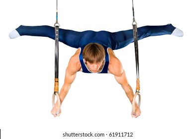 The sportsman the guy, carries out difficult exercise, sports gymnastics,  on white background, isolated
