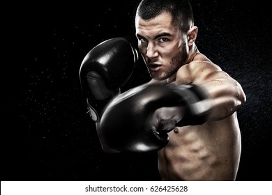 Sportsman muay thai boxer fighting in boxing cage. Isolated on black background with copy Space.
