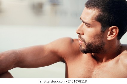 Sportsman, relax or shirtless for workout or outdoor with sun, healthy or strong with rest. Male athlete or topless for exercise or training in summer, break or pause with breathing or tired - Powered by Shutterstock