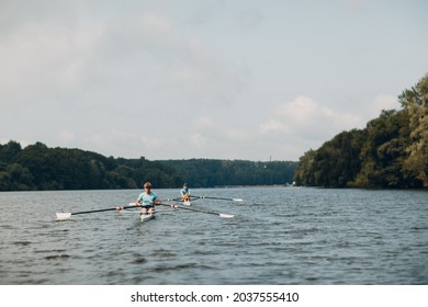 Sportsman Single Scull Man Rower Rowing On Boat.