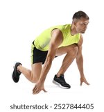 Sportsman in starting position for run on white background