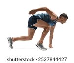 Sportsman in starting position for run on white background