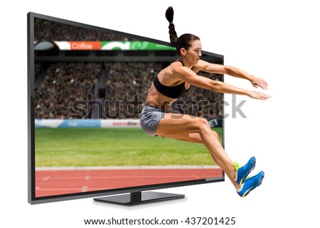 Sportswoman jumping on a white background against view of a stadium