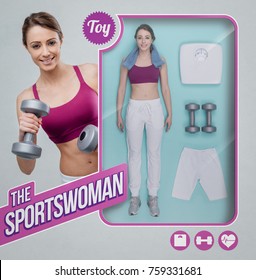 Sportswoman Lifelike Doll With Toy See Through Packaging, Accessories And Smiling Woman Holding Dumbbells