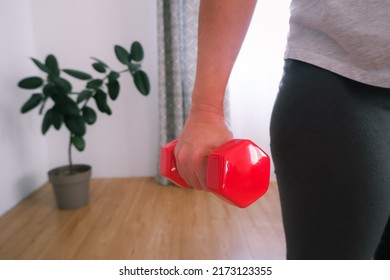 Sportswoman Practicing Aerobic With Dumbbells. Woman Lifting Weights And Working Out At Home. Healthy Lifestyle. Stay At Home Activities.