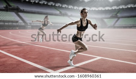 Sportswoman running race. Mixed media