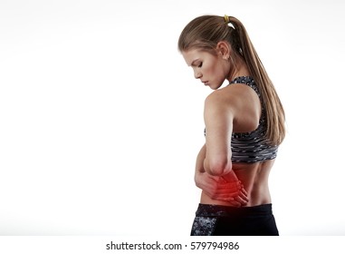 Sportswoman Touching Sore Left Side. Concept Of Hip Injury And Pain. 