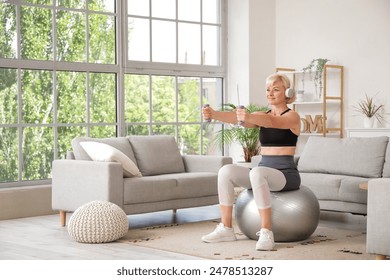 Sporty beautiful mature happy woman in headphones training with dumbbells and fitness ball at home - Powered by Shutterstock