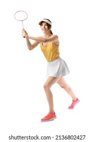 Sporty Female Badminton Player On White Background