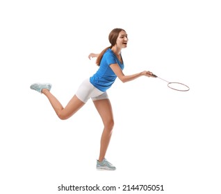 Sporty Female Badminton Player On White Background