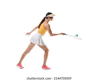 Sporty Female Badminton Player On White Background