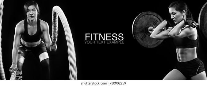 Sporty and fit women with dumbbell and battle rope exercising at black background to stay fit. Workout and fitness motivation.