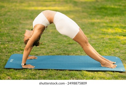 Sporty flexible young woman performing advanced Chakrasana yoga asana, or Wheel Pose, backbend bridge position during workout on green meadow in summer park.. - Powered by Shutterstock