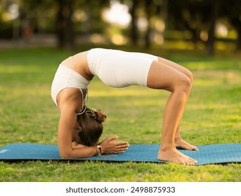 Sporty flexible young woman performing advanced Chakrasana yoga asana, or Wheel Pose, backbend bridge position during workout on green meadow in summer park.. - Powered by Shutterstock