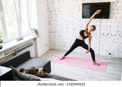 Sporty Girl Is Doing Morning Exercises. She Stands On A Mat Doing Side Stretching Moves. A Long Shot Of A Fit Young Woman At Home, Good Habits