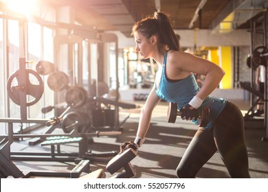 Sporty Girl Lifting Weights In Gym.