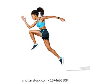 Sporty Girl Runner In Silhouette. Photo Of African American Girl In Fashionable Sportswear On White Background. Dynamic Movement. Side View. Full Length. Sports And Healthy Lifestyle