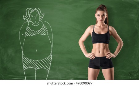 Sporty girl with a slim body standing at the right side and a picture of a fat woman drawn at the left side on a green chalkboard background. Getting rid of a pot belly. Losing weight. Before and - Shutterstock ID 498090097