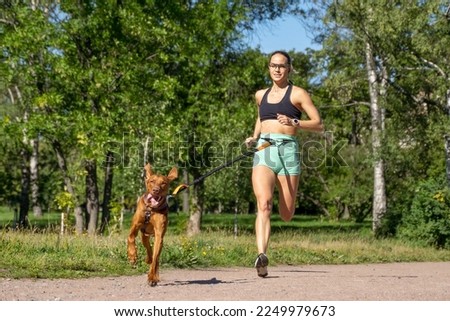 Sporty happy woman running with dog outdoor in public park summer. Canicross competition. Healthy life with active pet Stock photo © 