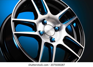 Sporty Lightweight New Alloy Wheel With Blue Steel Nuts On A Gradient Blue Background, A Beautiful Auto Concept For A Tire Or Disc Store