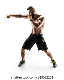 Sporty Man During Boxing Exercise Making Direct Hit. Photo Of Boxer On White Background. Strength And Motivation