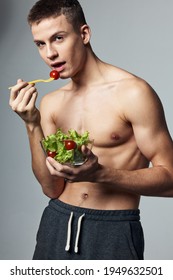 Sporty Man Eating Salad Eating Energy Workout Lifestyle Isolated Background