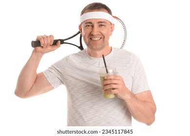 Sporty mature man with glass of vegetable smoothie and tennis racket on white background - Powered by Shutterstock