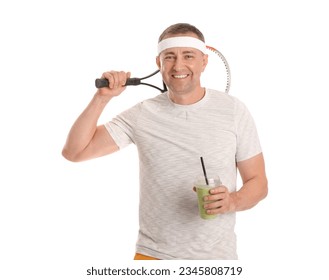 Sporty mature man with glass of vegetable smoothie and tennis racket on white background - Powered by Shutterstock