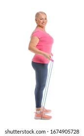 Sporty Mature Woman With Jumping Rope On White Background