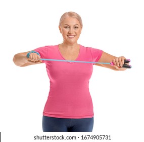 Sporty Mature Woman With Jumping Rope On White Background