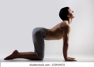 Sporty Muscular Young Man Working Out, Yoga, Pilates, Fitness Training, Bend In Cow Yoga Posture, Bitilasana, Asana Often Paired With Cat Pose On The Exhale, Gray Background, Low Key Shot