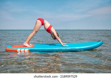 Sporty Teen Girl Practising Yoga And On Sup Or Paddle Board