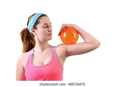 Sporty woman  fitness workout with small ball,  isolated on a white background