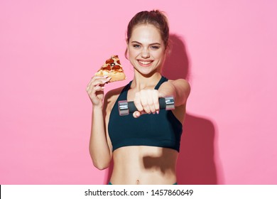 Sporty Woman Pizza Fast Food Diet Eating Health