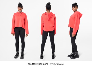 Sporty Woman In Red Hoodie Streetwear Apparel Full Body