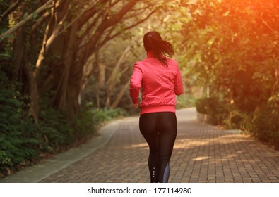 Sporty Woman Running At Trail In Forest 