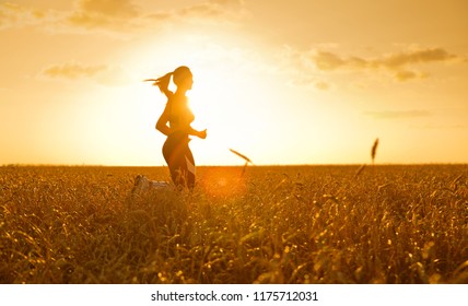 Sporty Woman In Wheat Field At Sunset