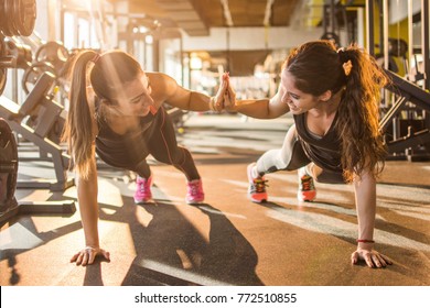 Sporty women giving high five to each other while working out together at gym.