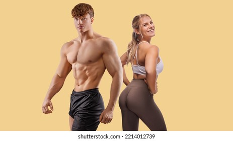  Sporty young couple posing on pastel background.  - Powered by Shutterstock