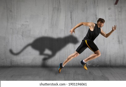 Sporty Young Man Running On Urban Background. Sports Banner