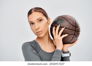 A sporty young woman in active wear holding a basketball over her face on a grey background. - Powered by Shutterstock