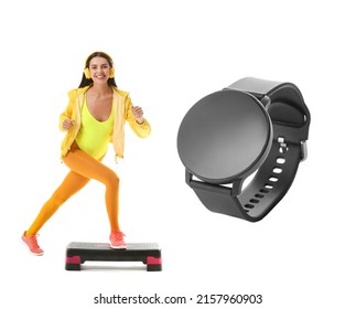 Sporty young woman and big smartwatch with blank screen isolated on white